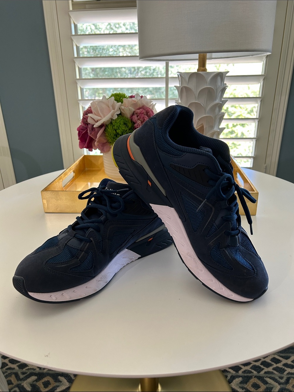 Men's Navy Fitville Athletic Sneakers with Orange Accents